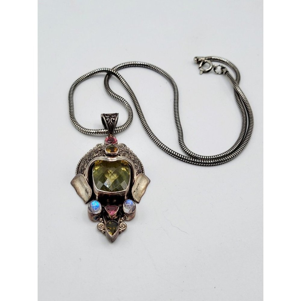 925 Sterling Silver Sajen Style Necklace w/ Iolite Amethyst & Tourmaline Stone
